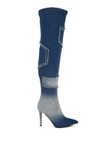 Load image into Gallery viewer, Eilish Rhinestones Knee High Denim Boots